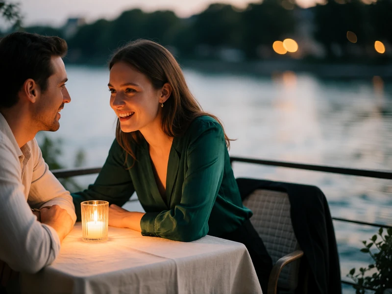Couple sharing a candlelit dinner conversation at a riverside terrace table at dusk