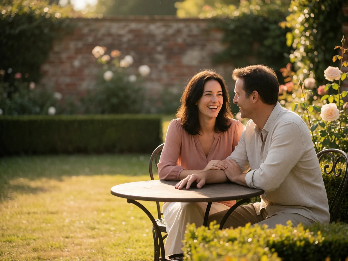 Couple in their late thirties laughing together at an iron table on a sunlit English garden terrace