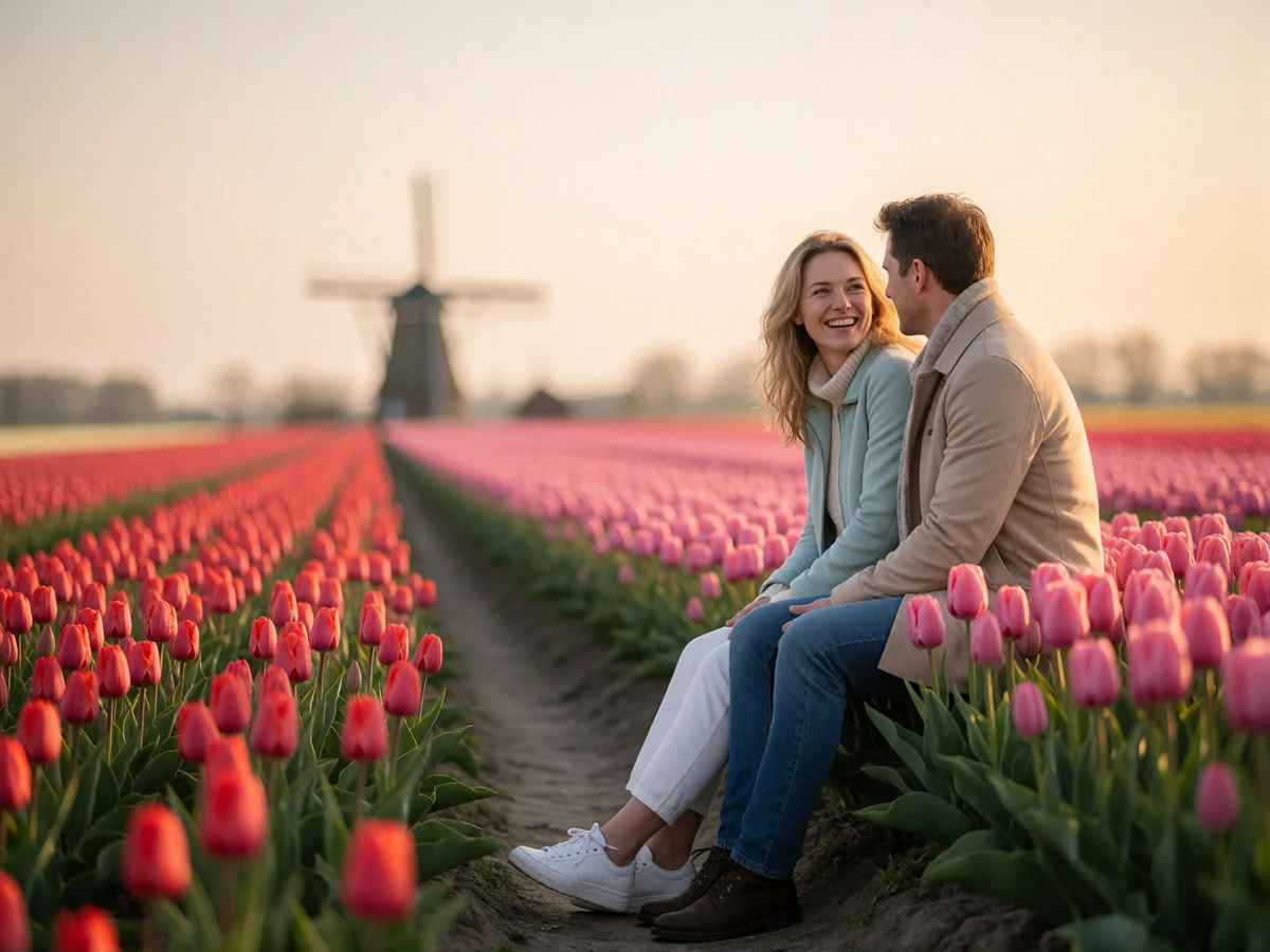 Couple in their late thirties walking together along a path beside wide flowering tulip fields