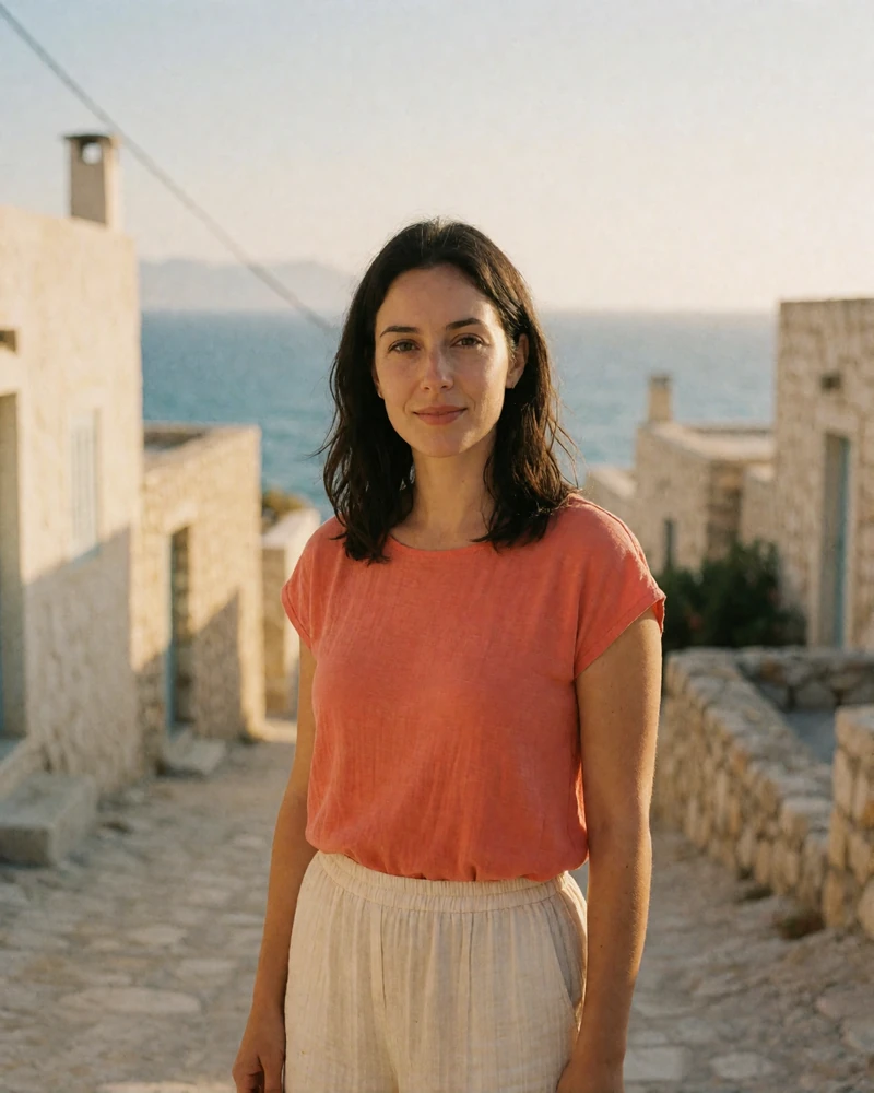 Cypriot woman in a coral top standing on a sunlit village lane near the sea