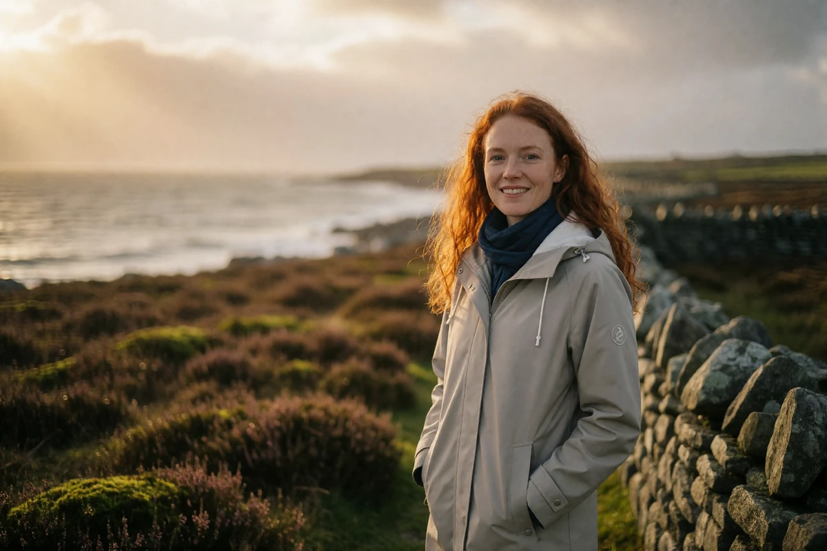 Smiling woman with long red hair in a grey raincoat standing on a windswept Connemara shoreline