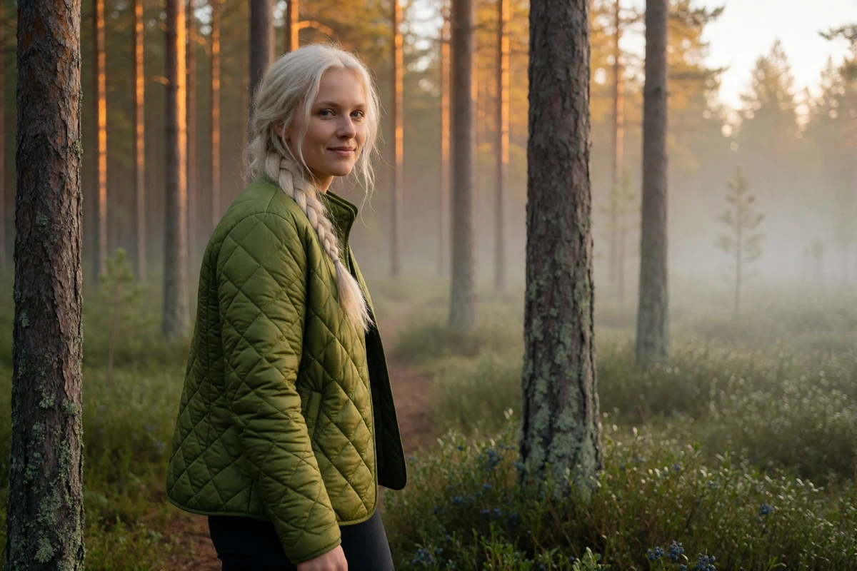 Finnish woman in a moss-green jacket glancing back on a pine forest path at golden hour