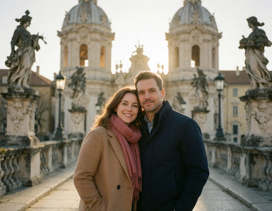 Couple in their thirties standing close together on a historic European stone bridge at golden hour