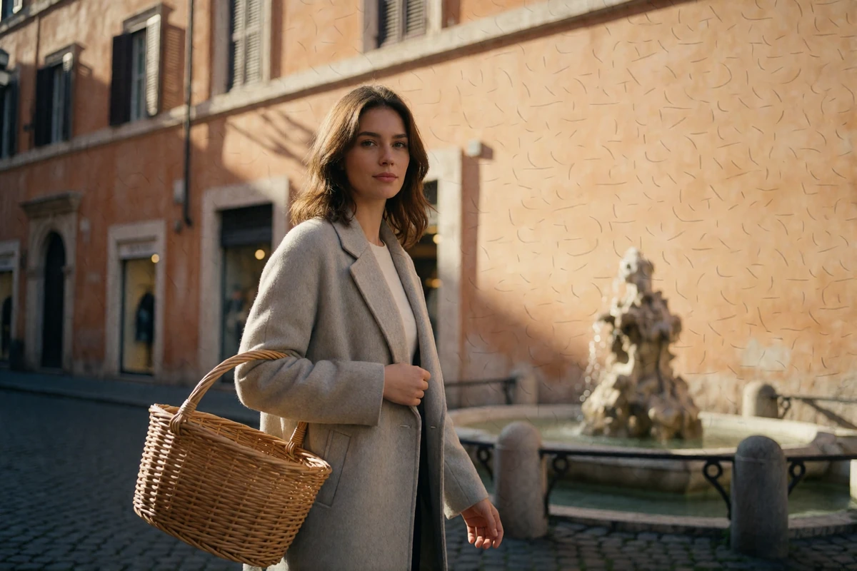 Woman in a soft grey coat walking a cobbled Roman side street in early morning light carrying a woven basket
