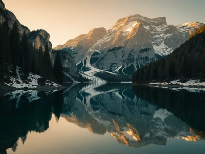 Mirror-still alpine lake beneath snow-dusted peaks and pine slopes