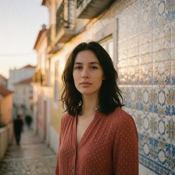 Portuguese woman in a rust blouse on a Lisbon hillside street with tiled facades