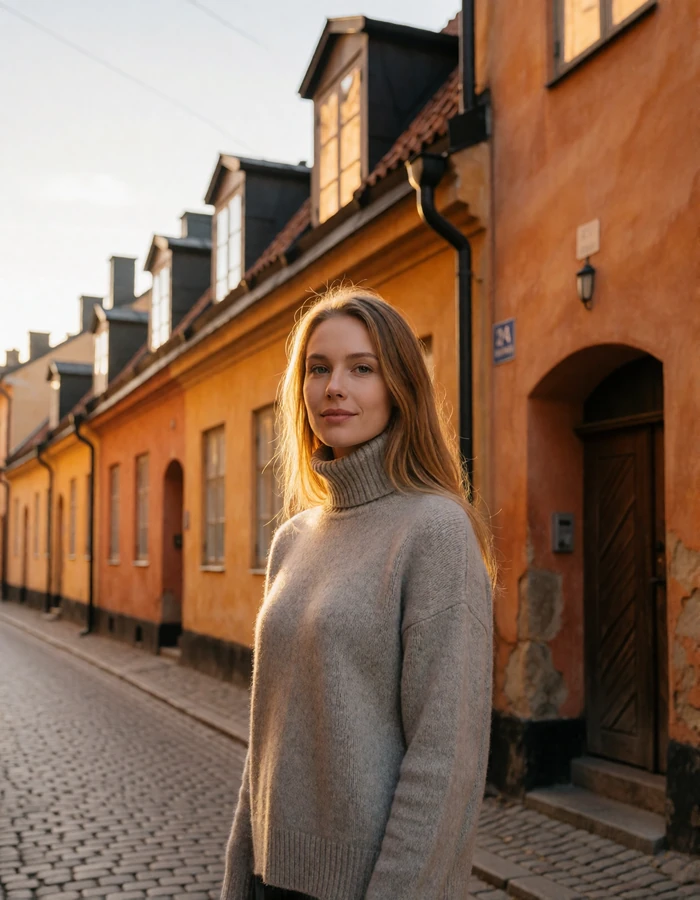 Swedish woman in a soft grey turtleneck standing on an ochre-toned Stockholm old-town street