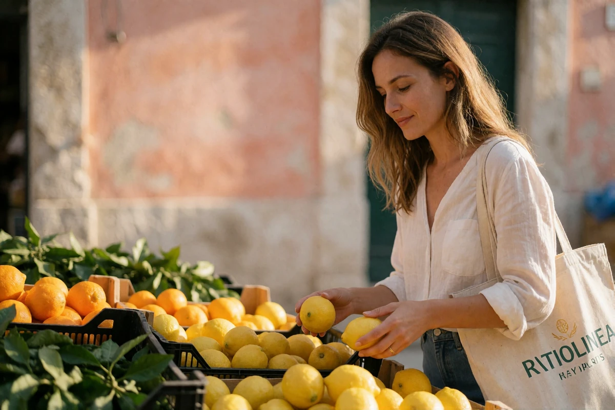 Italian woman choosing lemons at an open-air Sicilian morning market, tote bag on her shoulder