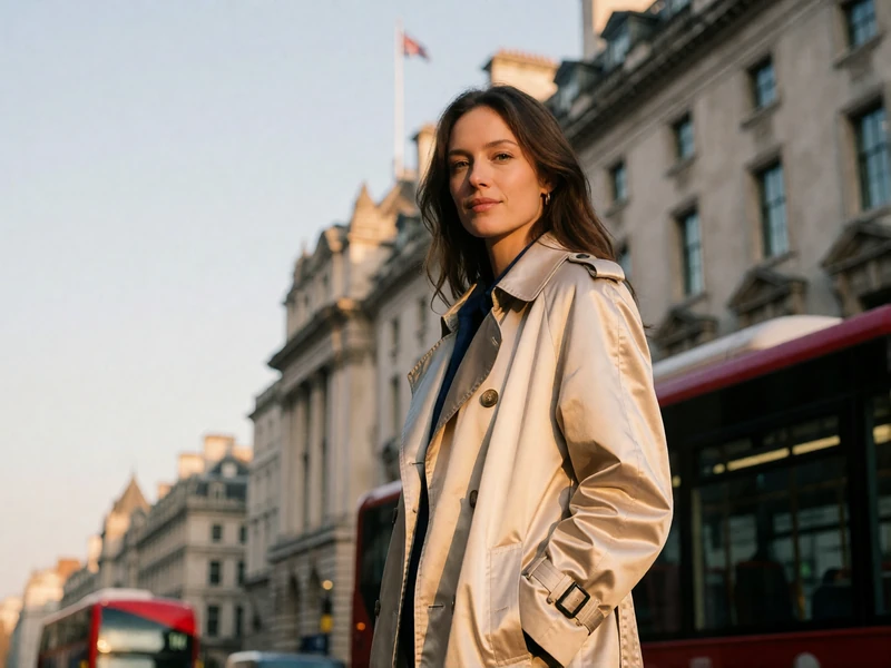 British woman in a beige trench coat standing on a classic London street with a blurred red bus behind her