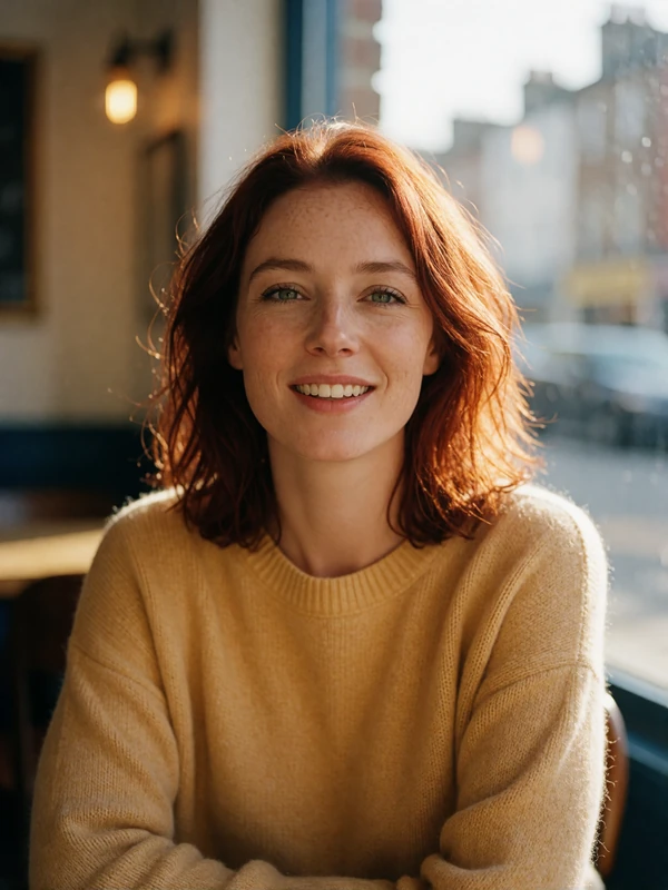 Irish woman with auburn hair smiling warmly by a sunlit cafe window in Dublin