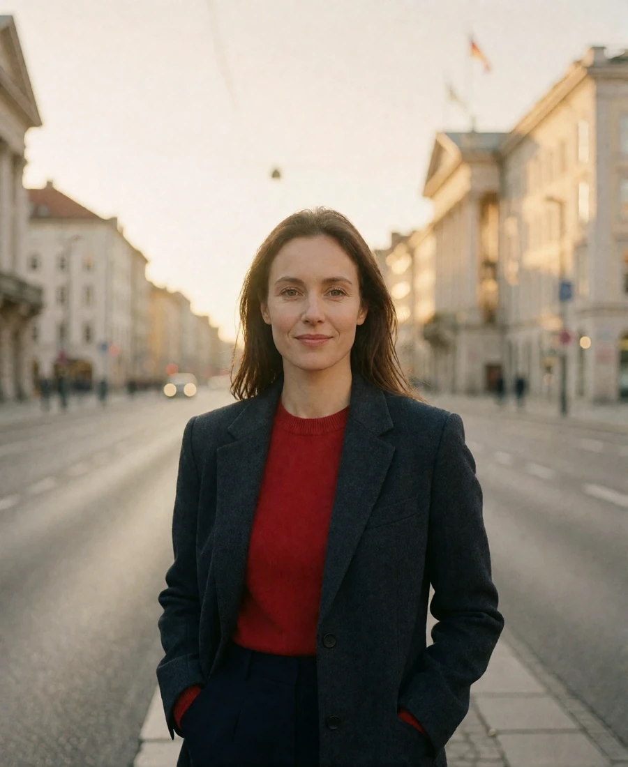 Confident German woman in a charcoal blazer standing on a broad Munich boulevard