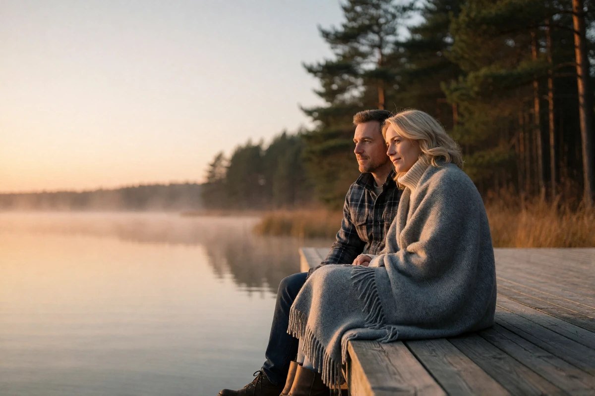 Couple sitting on a wooden lakeside deck wrapped in a wool blanket watching the water at golden hour