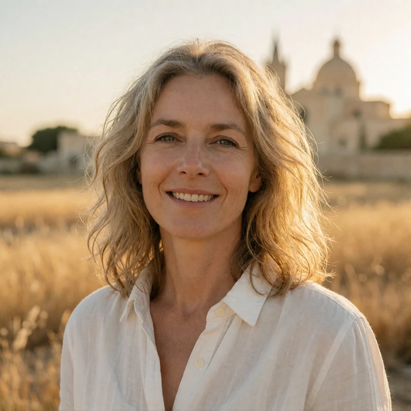 Maltese woman in her mid-40s from Victoria, Gozo, portrait with a soft smile