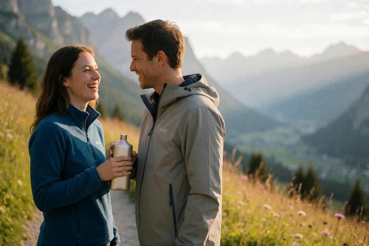 Couple pausing on a mountain trail above the valley, sharing tea and laughing together in warm afternoon light