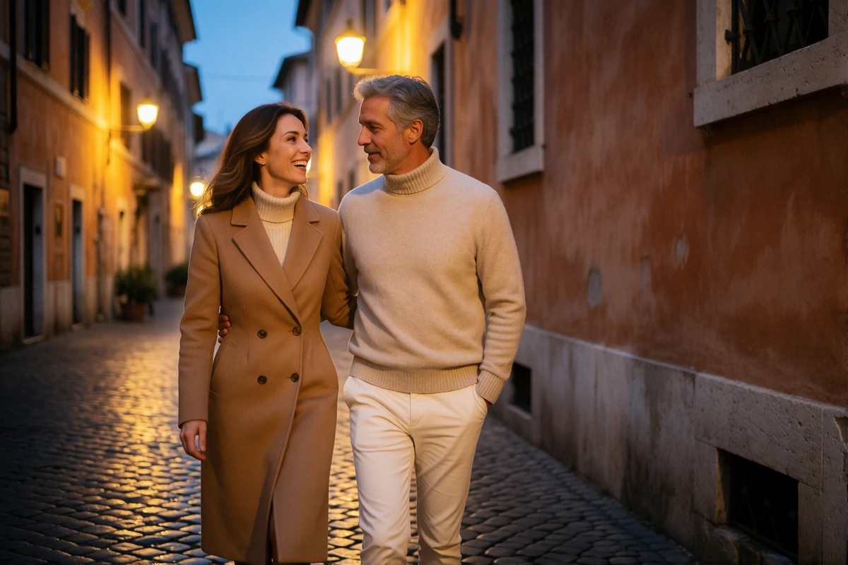 Couple in their forties walking closely and talking on a warmly lit Roman street at dusk