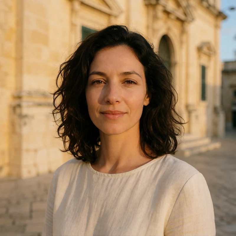 Maltese woman in her mid-30s from Valletta, Malta, portrait with a soft smile