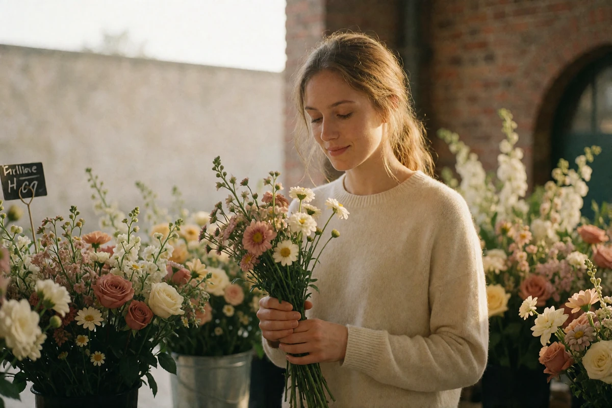Latvian woman in a cream sweater holding wildflowers at an open-air market stall in soft morning light