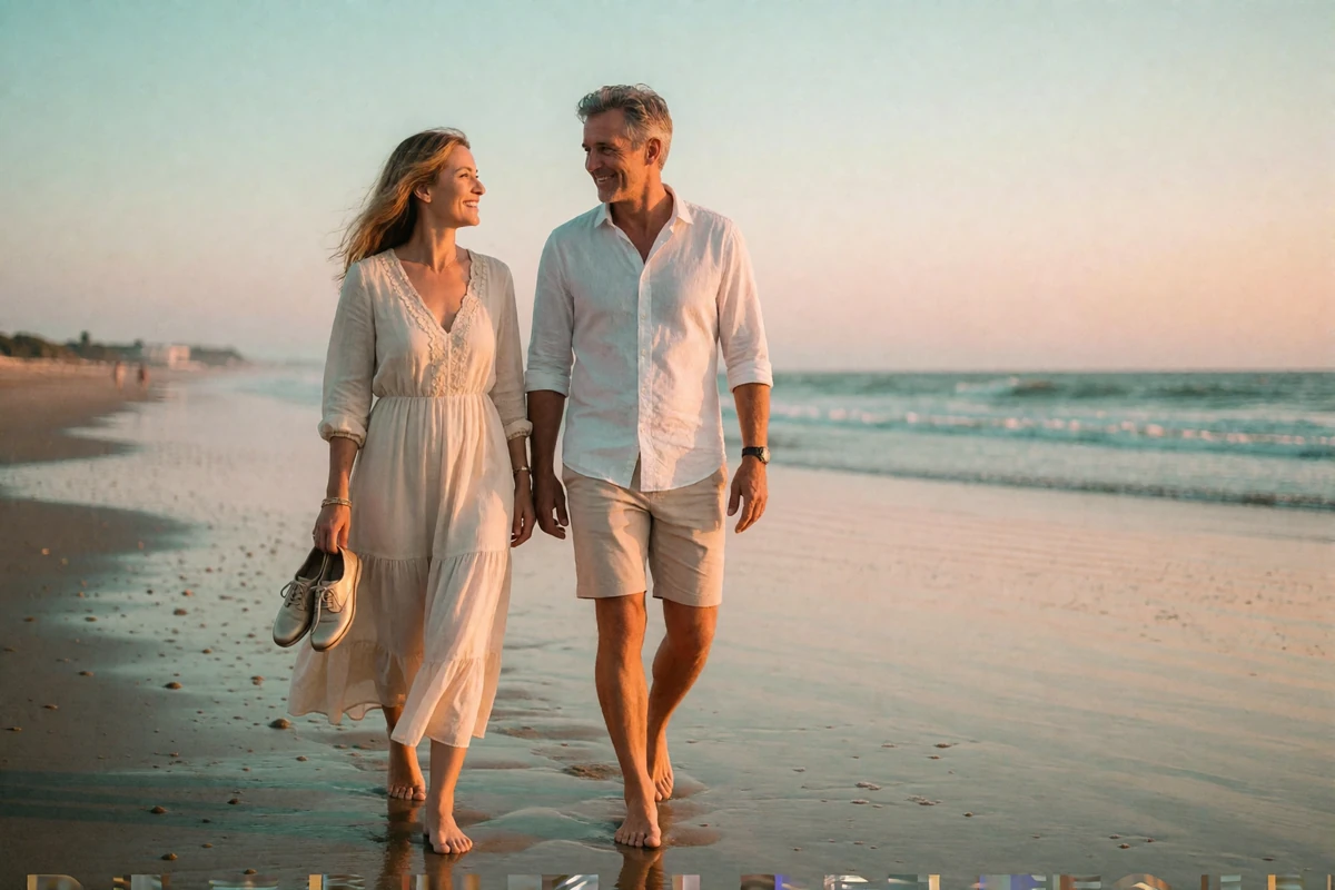 Couple walking barefoot along a wide Atlantic beach near Cascais at sunset