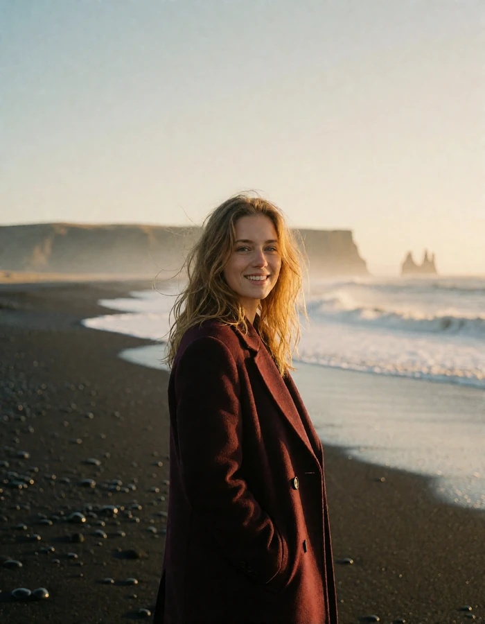 Icelandic woman in a burgundy wool coat smiling on a black-sand shoreline at golden hour