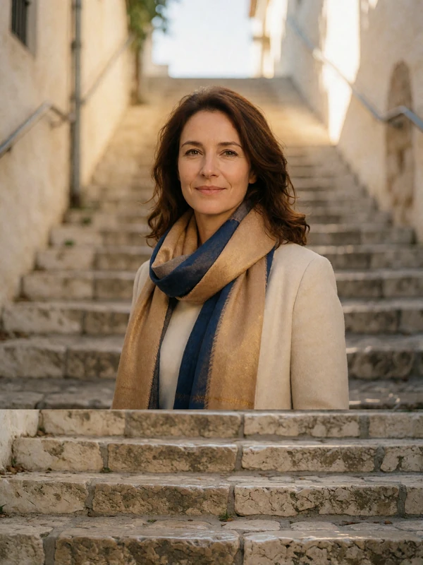 Portrait of Federica, a member from Near Vatican City, smiling in warm golden-hour light
