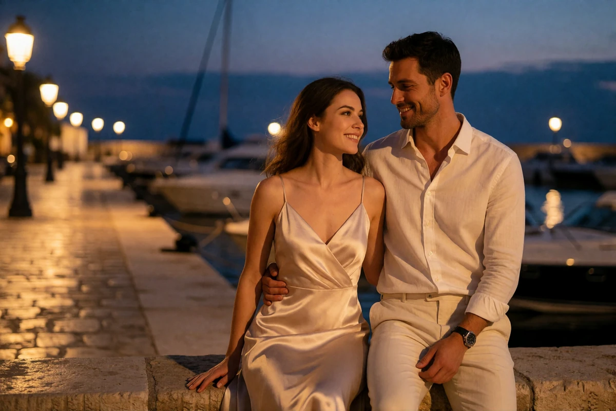 Couple walking along a marina quay at dusk with warm harbour lights in the background