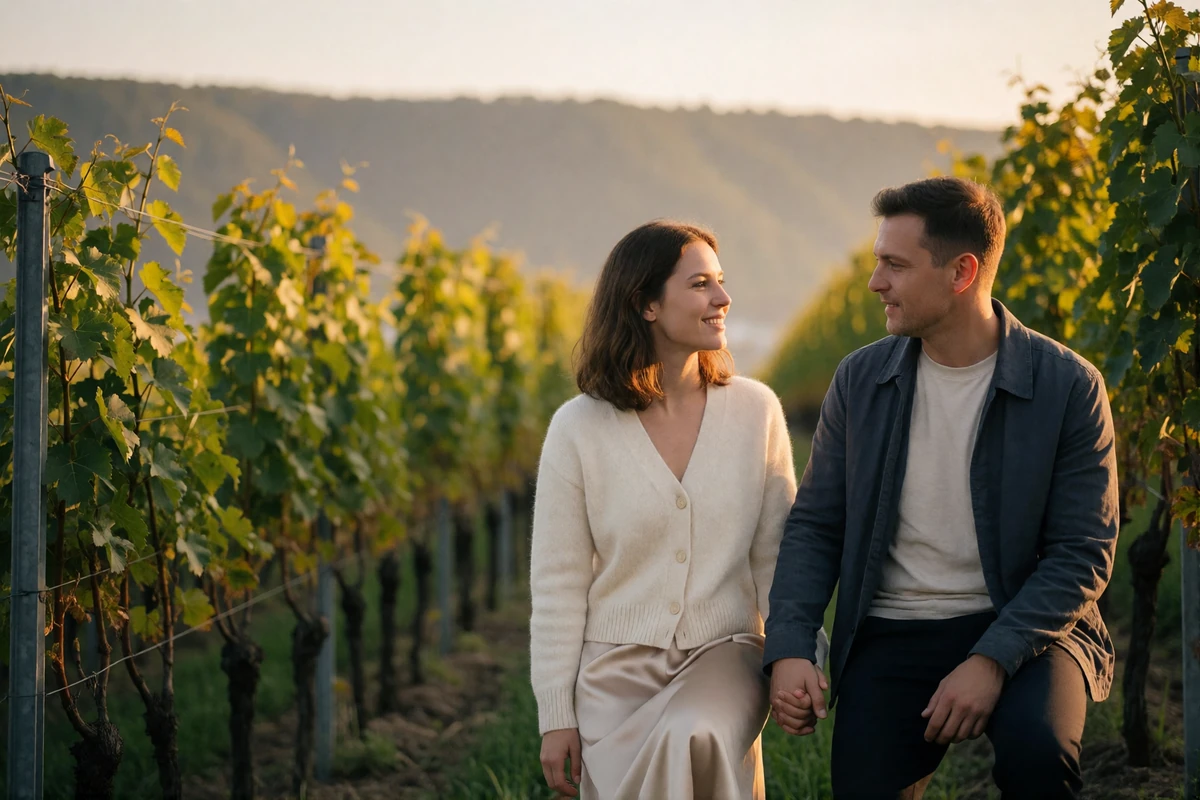 Couple walking hand in hand along a vineyard path above the Rhine valley in golden-hour light