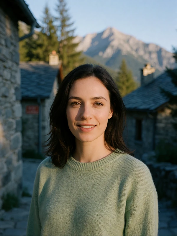 Andorran woman in a green sweater smiling in a stone mountain village near Ordino