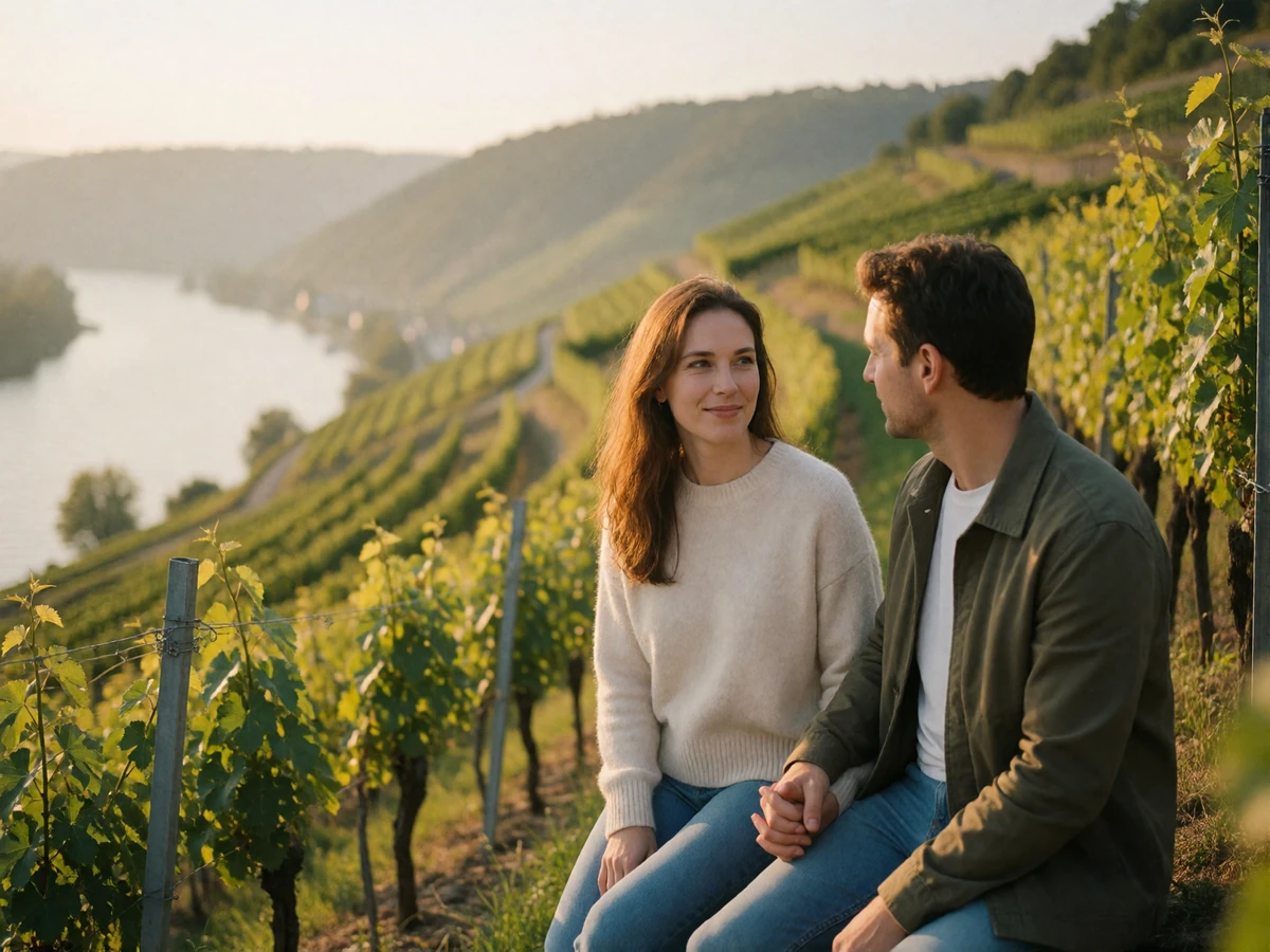 Couple in their late thirties walking hand in hand between rows of a Rhine-valley vineyard in late afternoon light