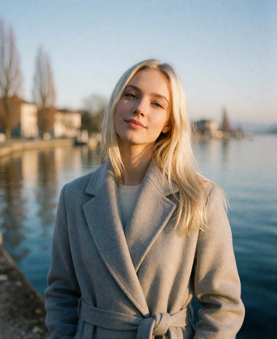 Swiss woman with light-blonde hair standing on a Geneva lakefront walkway