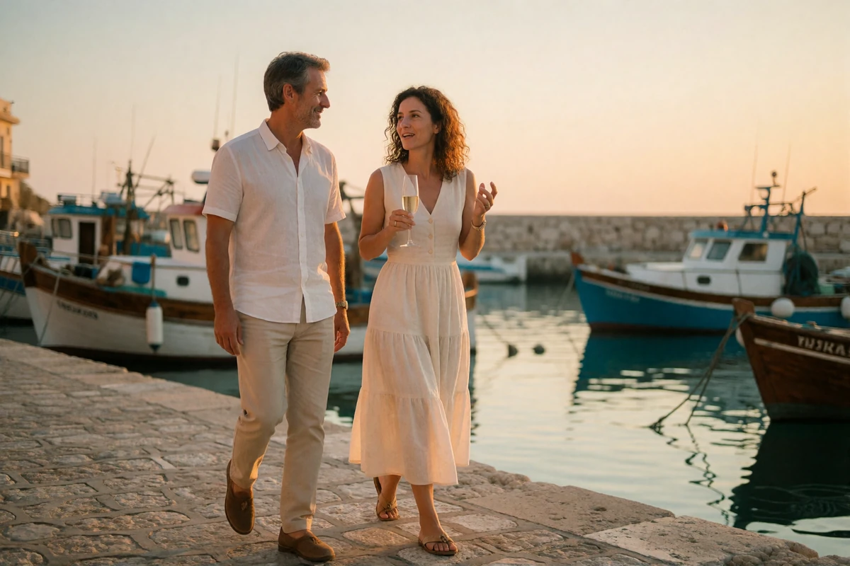 Couple in their forties walking a quiet stone harbour promenade in Greece at sunset