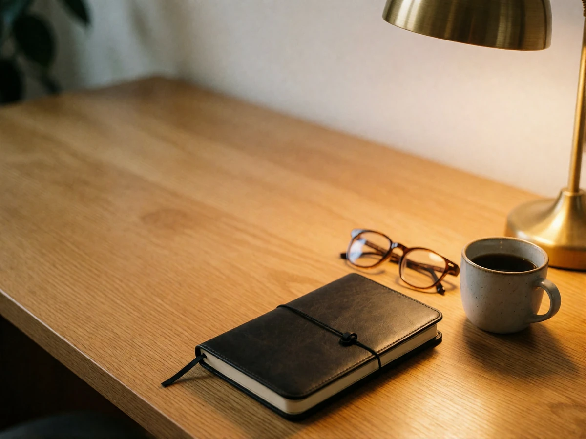 Calm desk scene with a closed notebook, reading glasses and coffee, suggesting careful review of a new connection