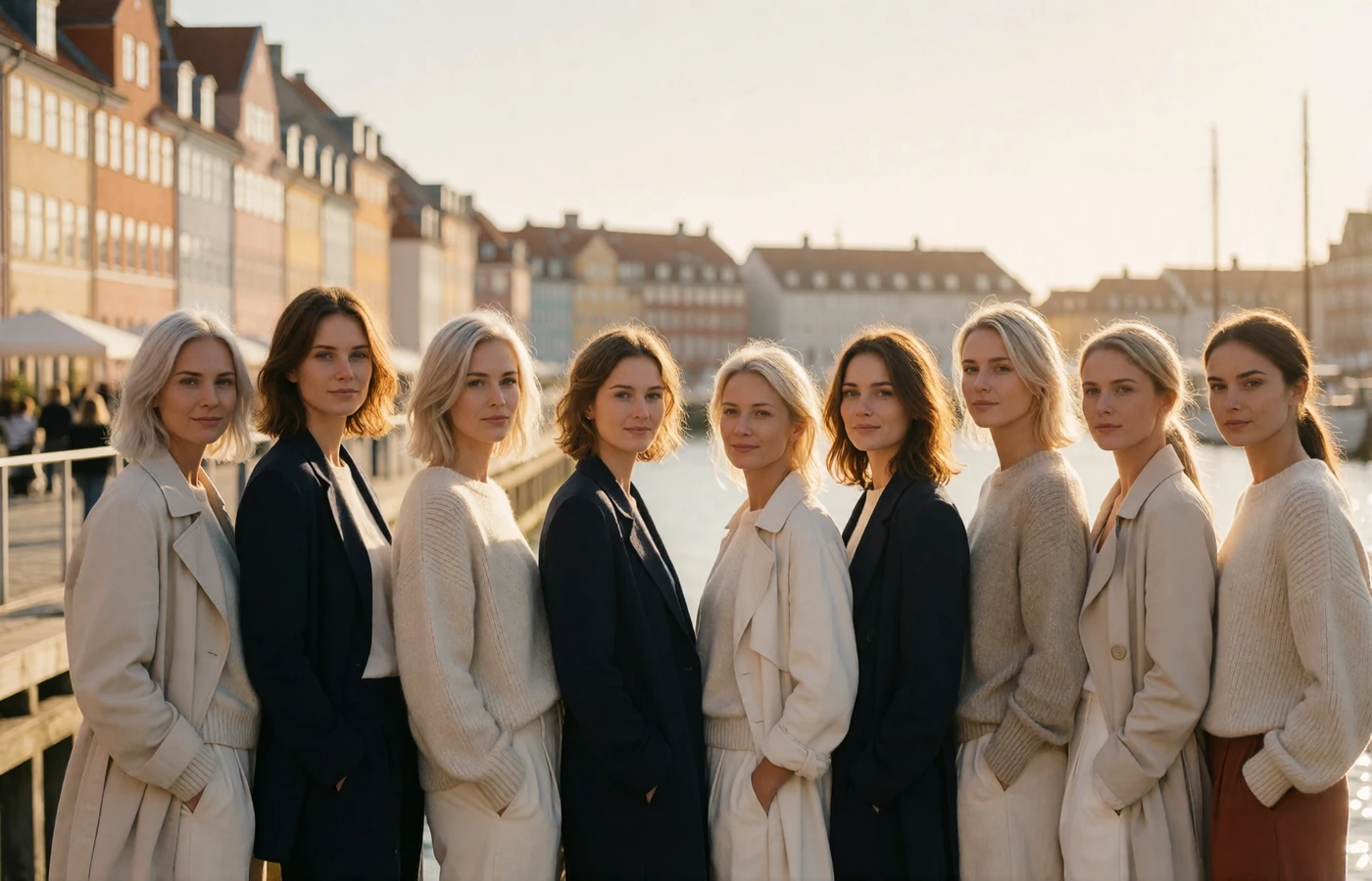 Eight Danish women in contemporary knitwear and coats spread along a sunlit Copenhagen harbour promenade