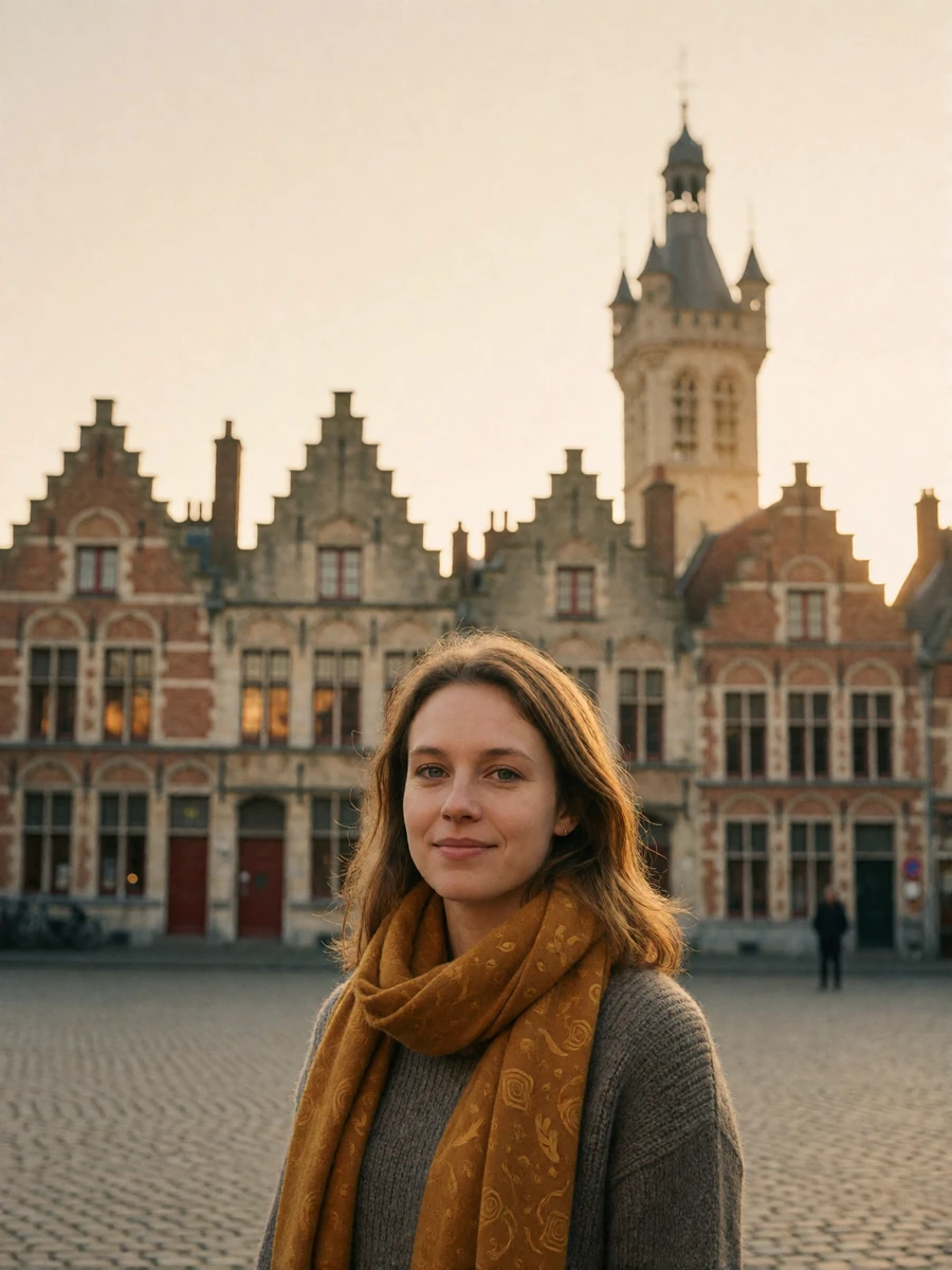 Warm-eyed Belgian woman in a mustard scarf standing in a medieval town square