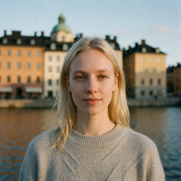 Swedish woman in a grey cashmere sweater on a Stockholm waterfront at dusk