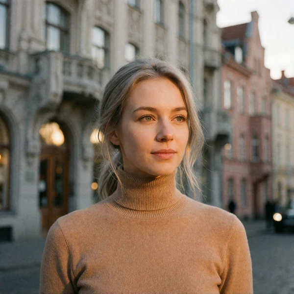Latvian woman in a camel turtleneck in Riga old town with art nouveau facades