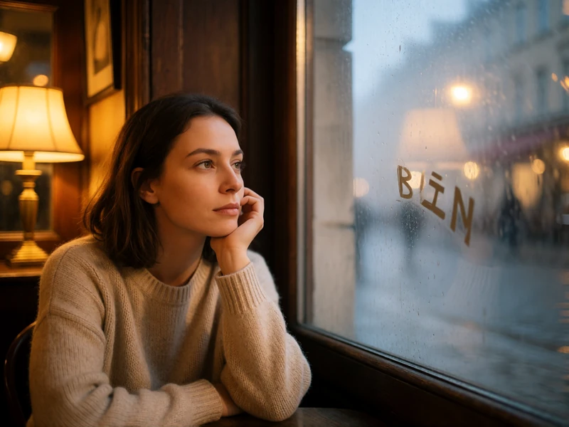 Woman in an oatmeal knit sweater sitting thoughtfully at a cosy European cafe window table