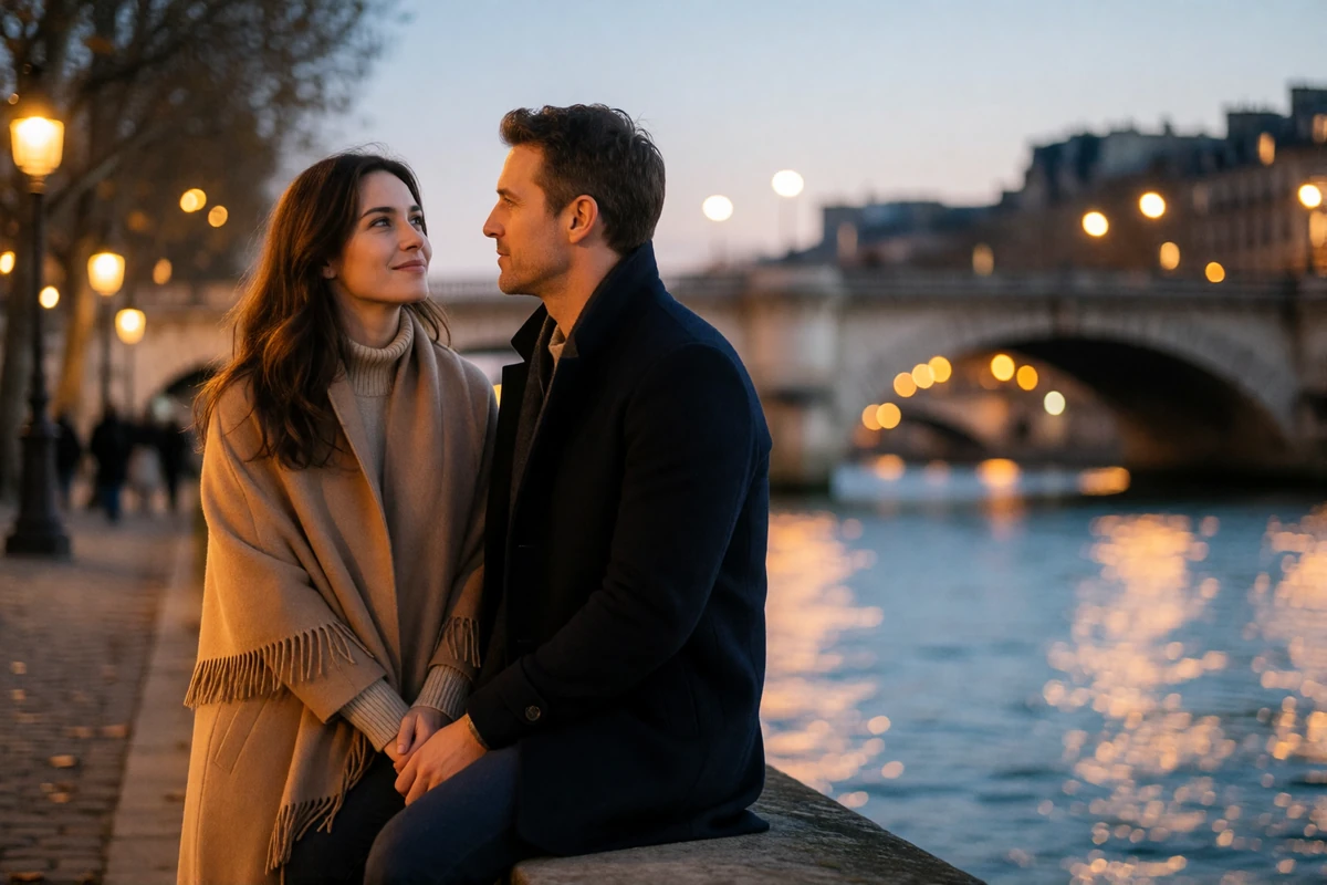 Couple standing close together on a Seine quay at dusk, the woman in a camel coat looking up at her partner