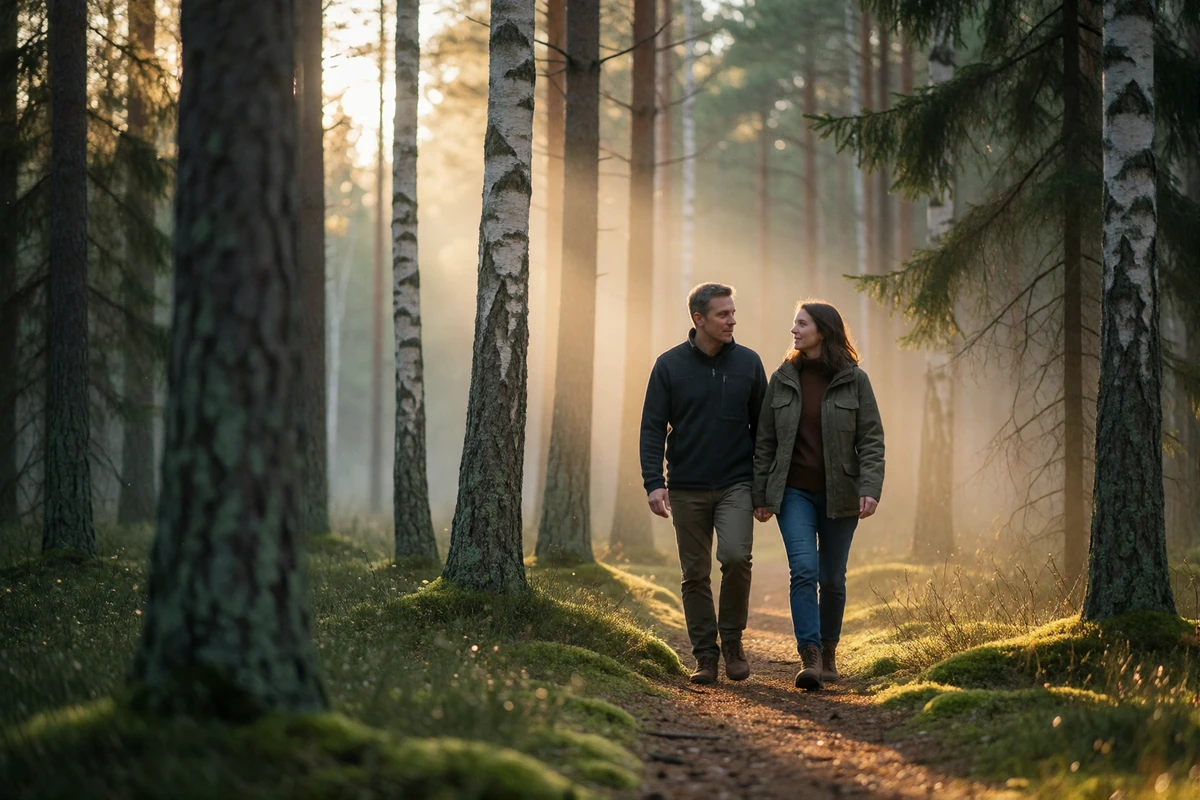 Couple walking together along a sunlit path through a pine and birch forest in Estonia