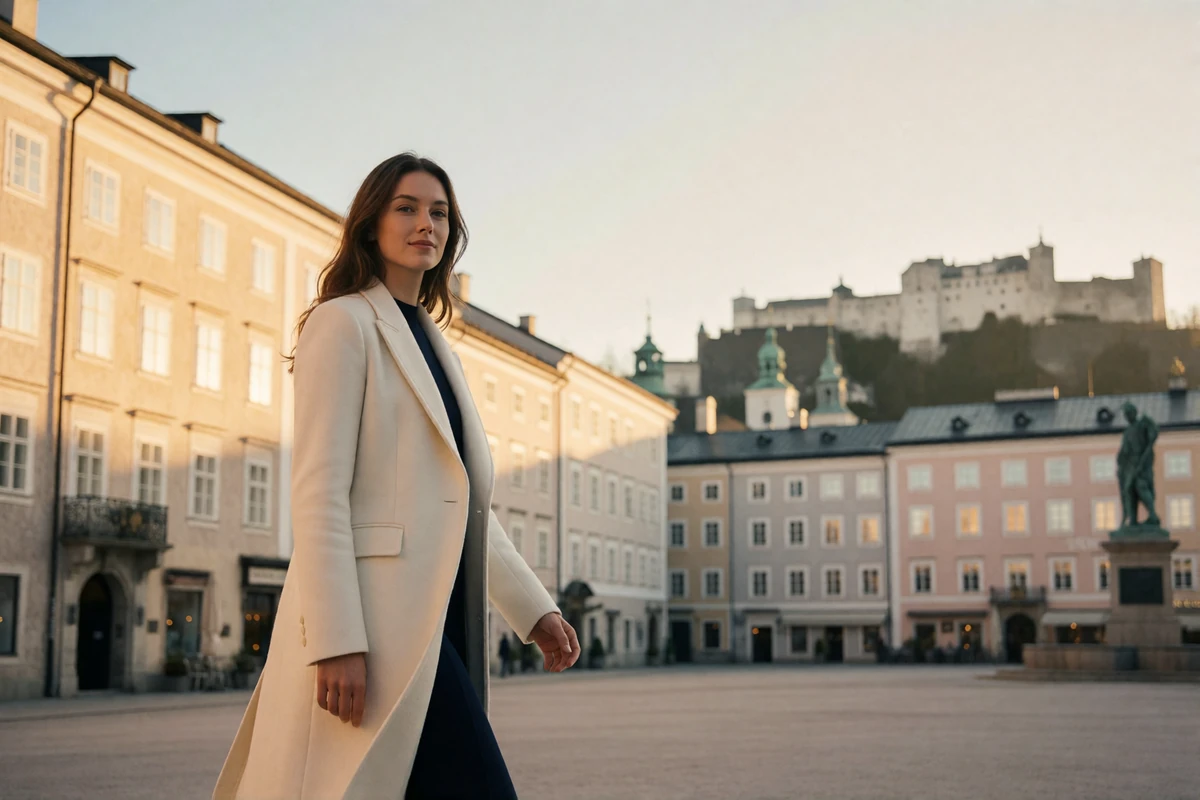 Austrian woman in a tailored ivory coat walking across a Salzburg square framed by pastel townhouses, glancing toward the camera