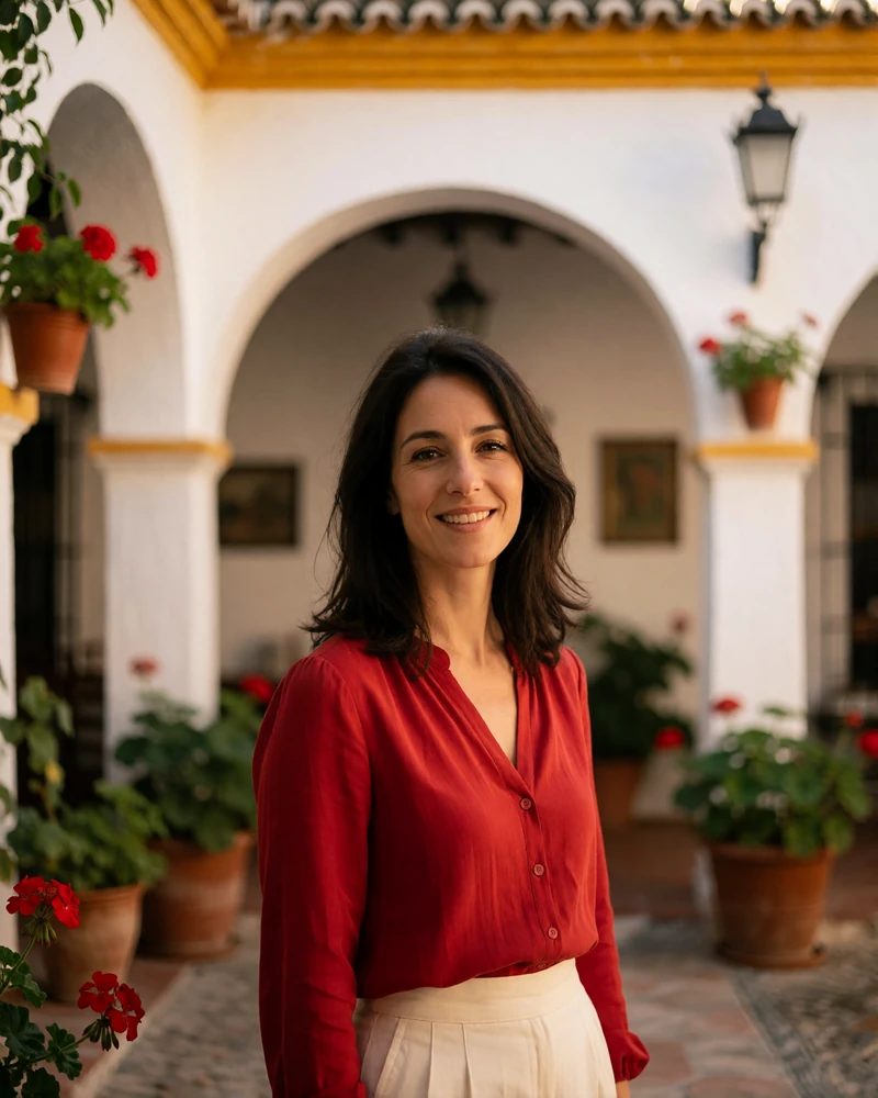 Spanish woman in a red-toned blouse smiling in a sunlit Andalusian courtyard with whitewashed arches