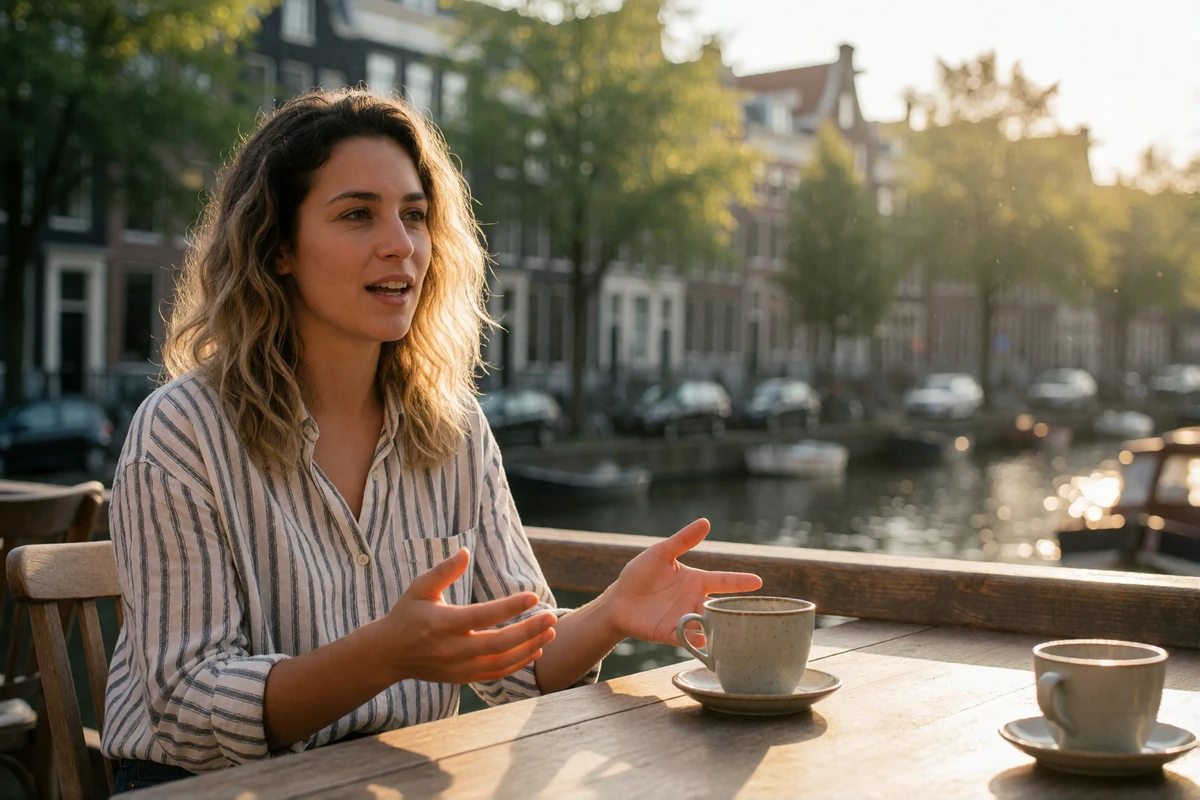 Dutch woman with wavy dark-blonde hair speaking frankly at a sunlit Amsterdam terrace table