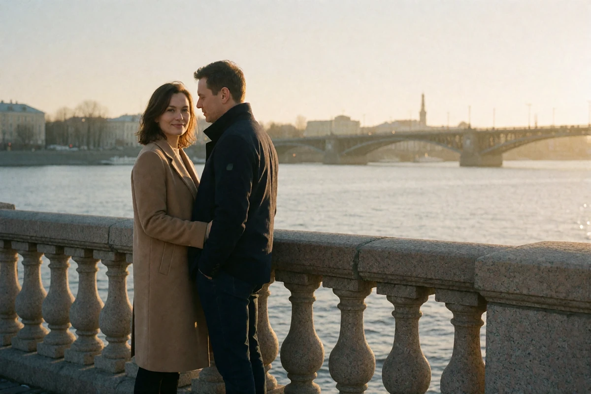 Couple in their late thirties standing together at a stone riverside promenade in Riga at sunset