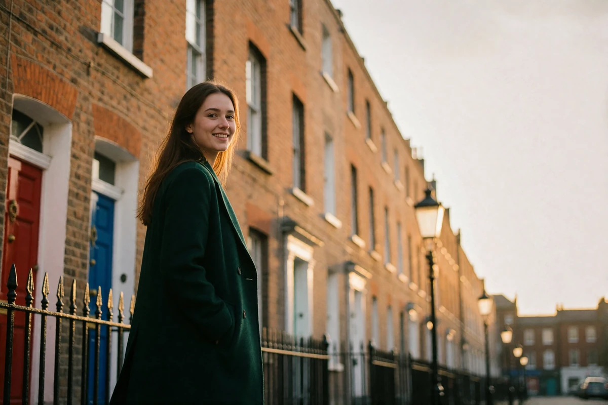 Irish woman in a dark green wool coat glancing back with a smile along a Georgian Dublin street