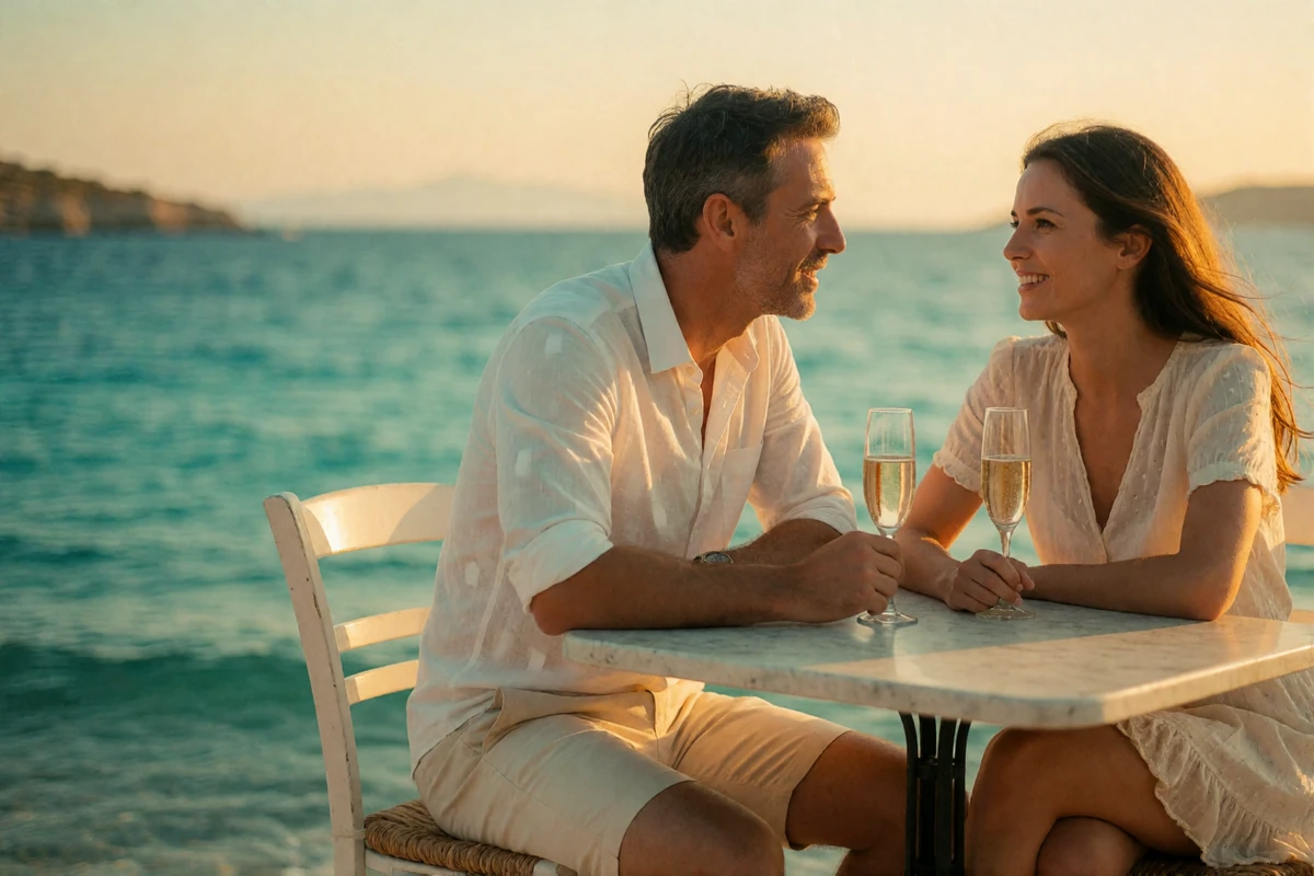 Couple in their forties talking at a small seaside table on a Greek island at golden hour