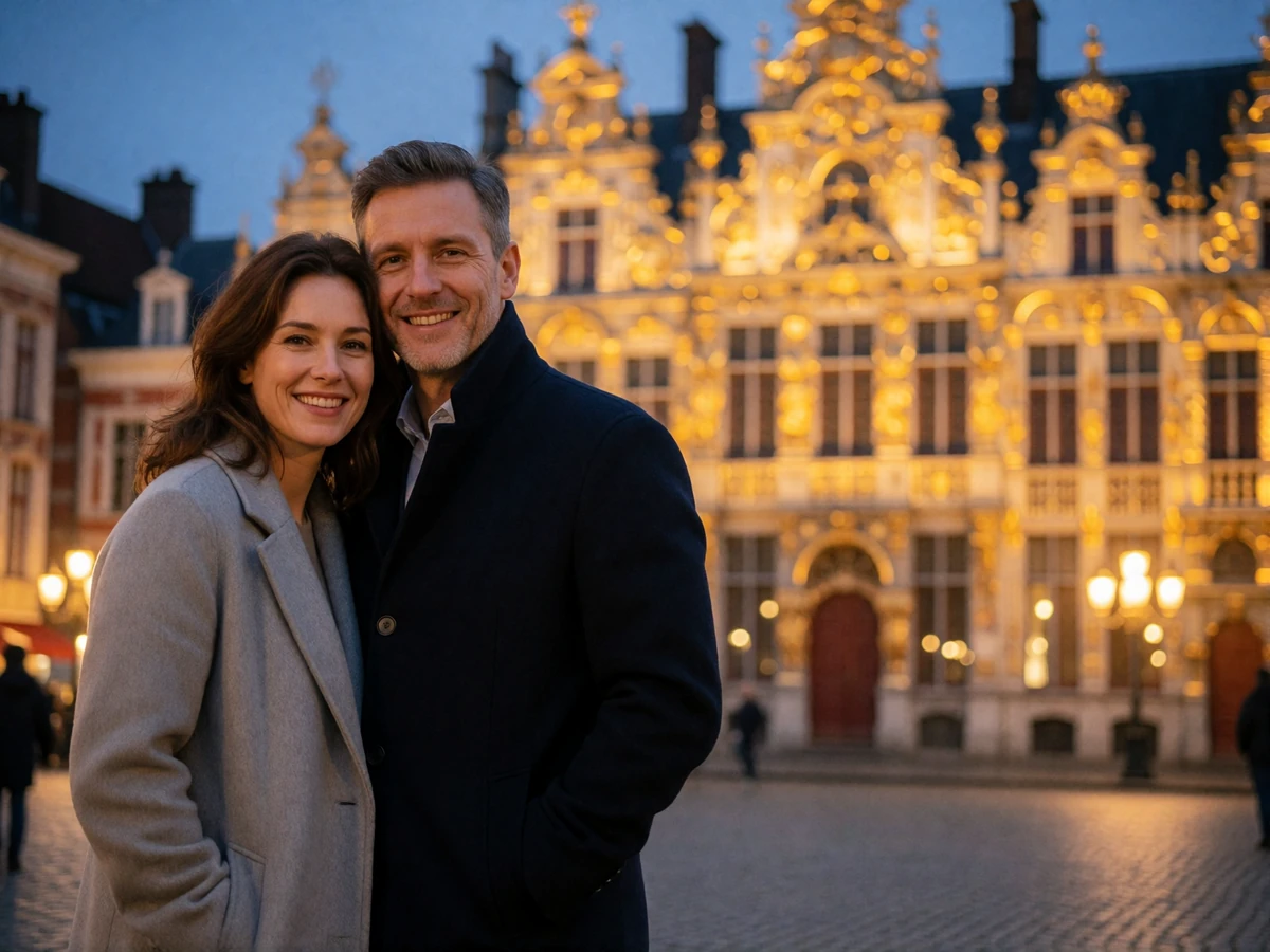 Couple in their forties standing together on an ornate Belgian town square at dusk, smiling naturally toward the camera