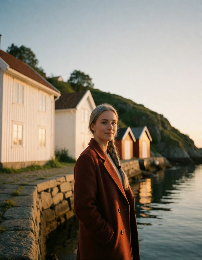 Norwegian woman in a rust wool coat standing on a stone quay of a coastal town at golden hour