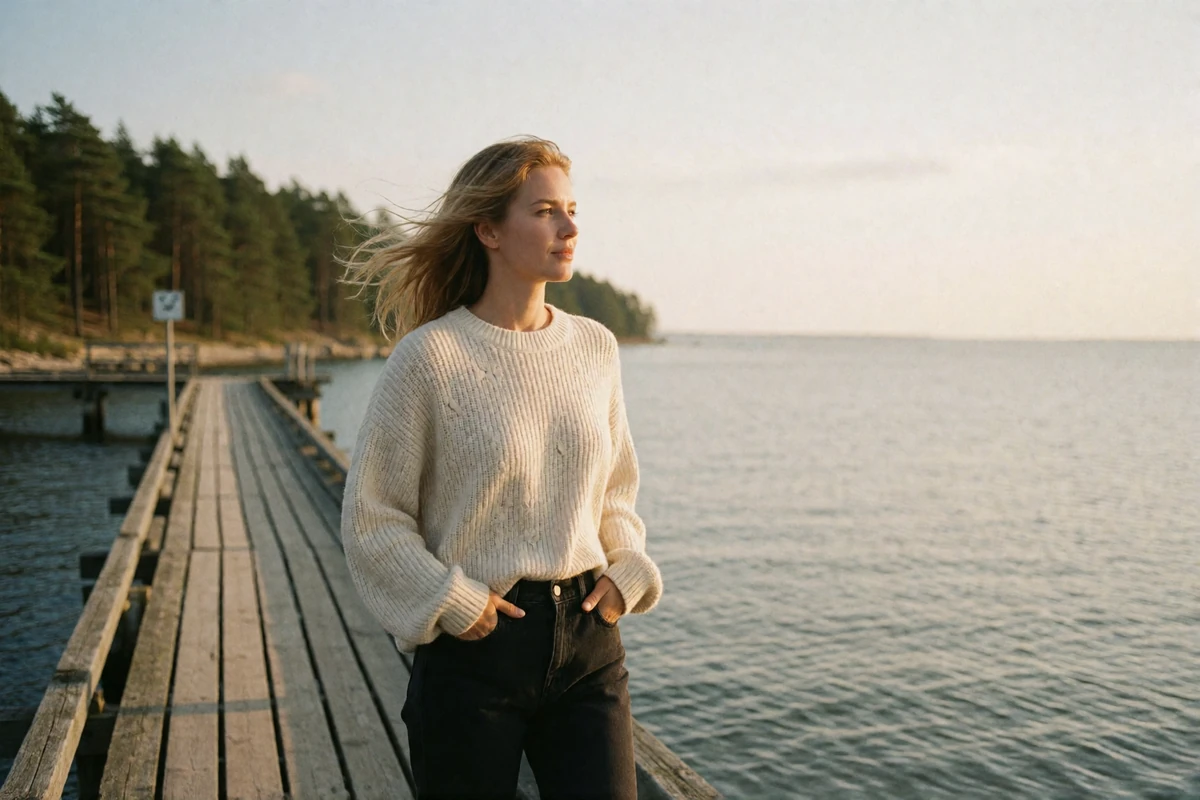 Estonian woman with wind-lifted blonde hair standing at the end of a wooden pier over calm Baltic water