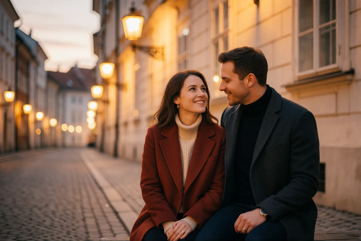 Couple walking together through a lamplit Austrian old-town street at dusk, both smiling