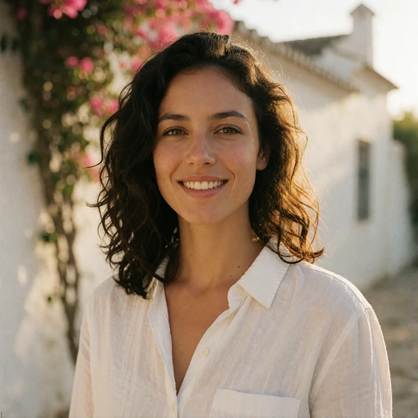 Spanish woman in a white shirt smiling beside a whitewashed Andalusian wall