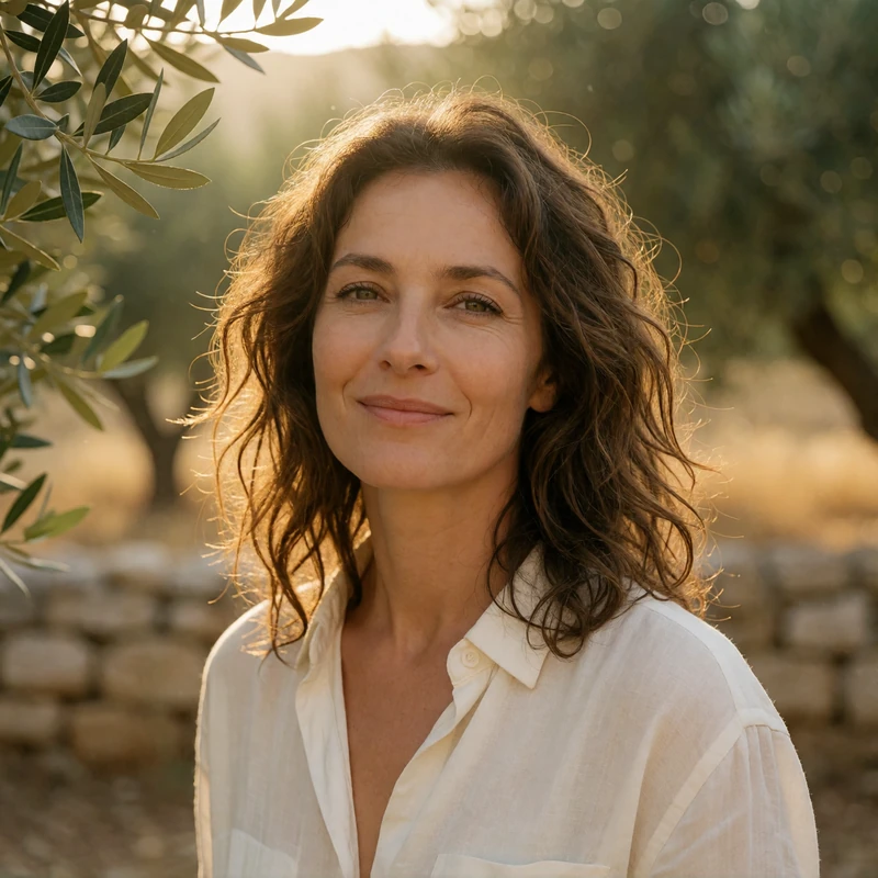 Relaxed Greek woman in her mid-forties with wavy hair near an olive grove and stone wall in Crete